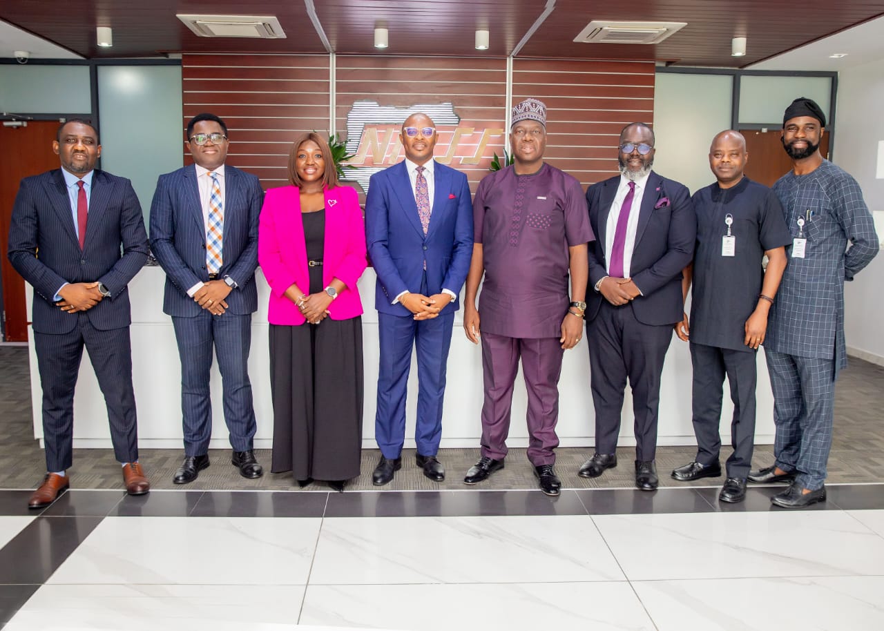 Publicity Secretary, Association of Corporate Communication and Marketing Professionals in Banks (ACAMB), Abiodun Coker; Executive Director, Technology and Innovation, Nigeria Inter-Bank Settlement System (NIBSS), Muyiwa Theophilus; Vice President 2, ACAMB, Moralake Phillip-Ladipo; President, ACAMB, Jide Sipe; Managing Director/Chief Executive Officer NIBSS, Premier Oiwoh; Chief Financial Officer, NIBBS, Innocent Osagiede and Head , Corporate Communications, NIBSS, Ademola Oshilaja, during a courtesy visit, by ACAMB ExCo officials to NIBSS MD/CEO at its Corporate head office in Victoria Island, Lagos recently